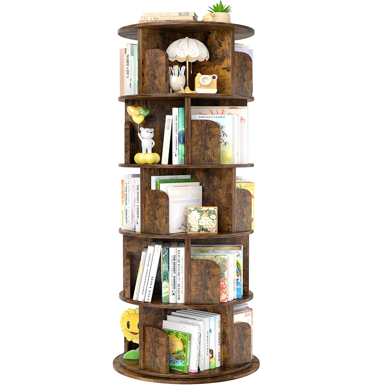 Rotating Bookshelf, 360 Display Wood Spinning Bookshelf Tower, 5 Tier Floor Standing