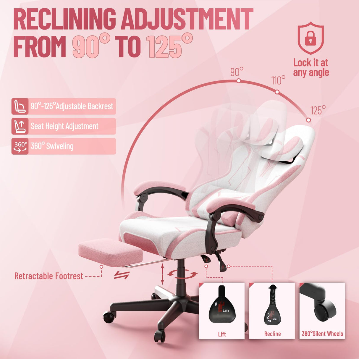 Ergonomic Gaming Chair with Massage Lumbar and Footrest - Pink & White