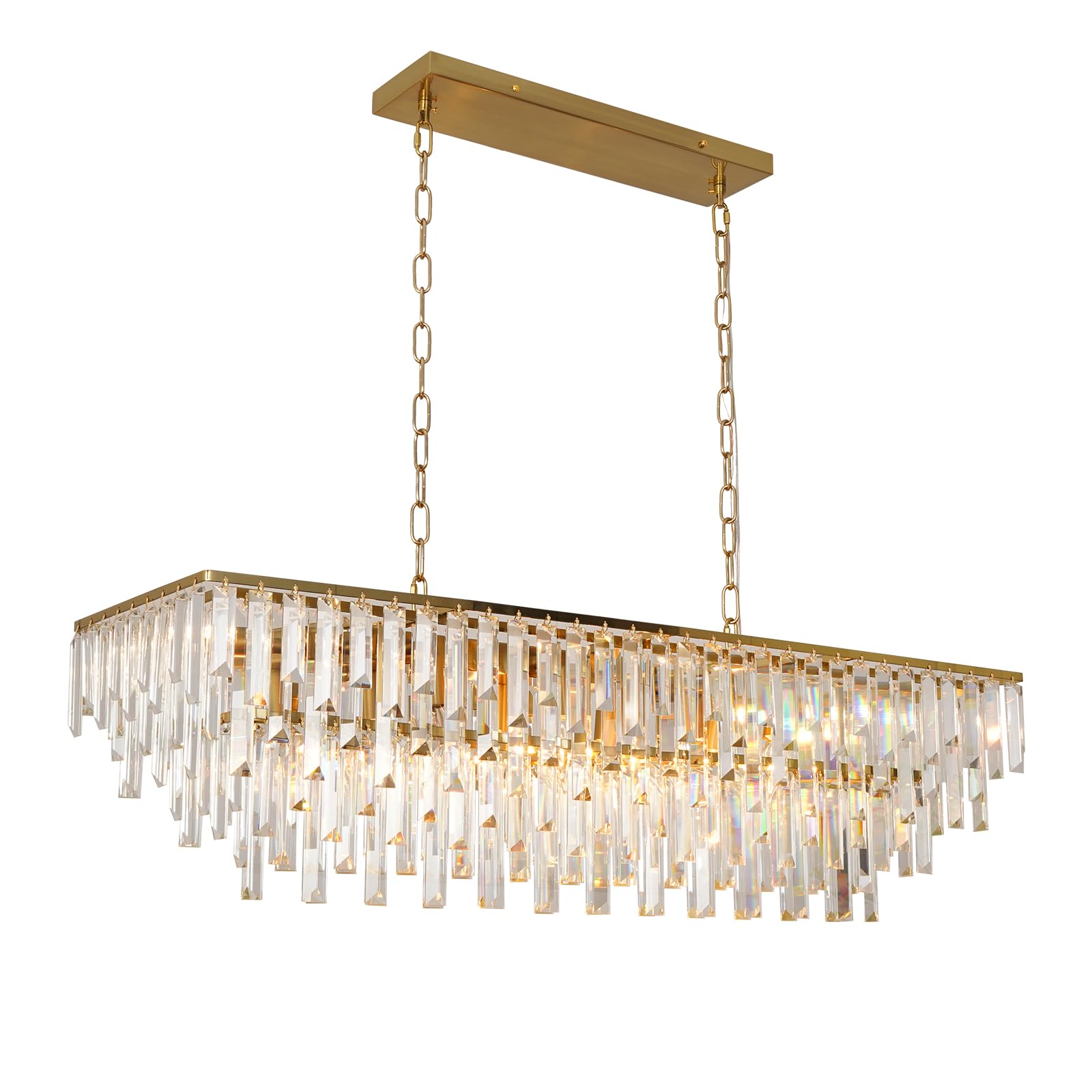 39" Modern Rectangle Crystal Chandelier, Gold Linear Pendant Light with Clear Crystal Prisms, Luxury Island Lighting Fixture for Dining Room Kitchen Table Living Room