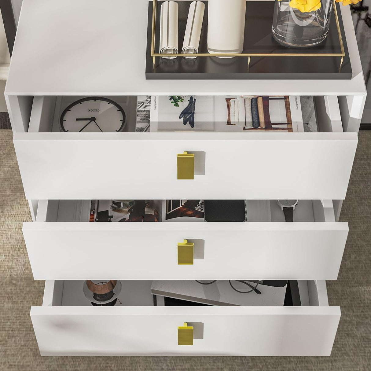 Modern Nightstand Set of 2, End Table Bedside Table with Gold Metal Legs, Gold Metal