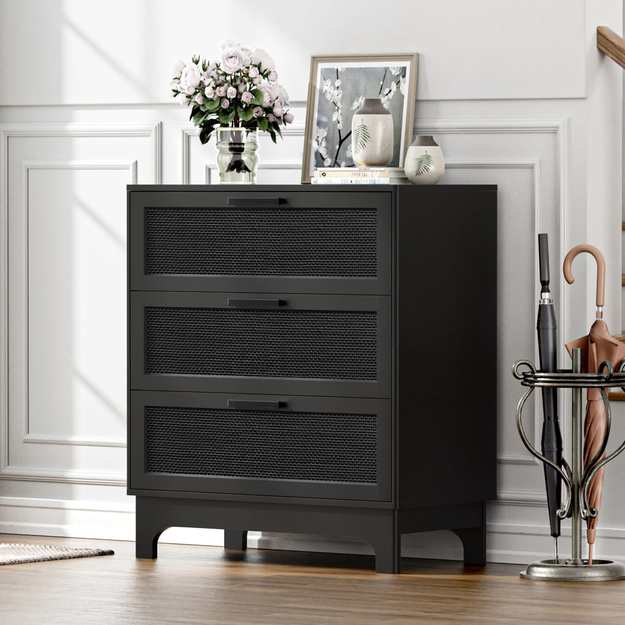 35" H Black Rattan Dresser, Farmhouse 3 Drawer Dresser