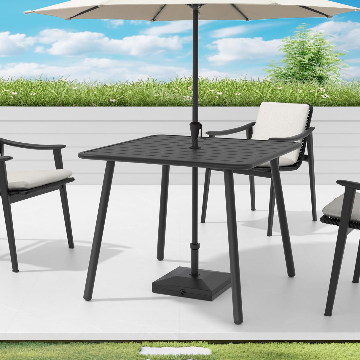 Square Metal Outdoor Dining Table with Umbrella Hole for Outside Patio, Black
