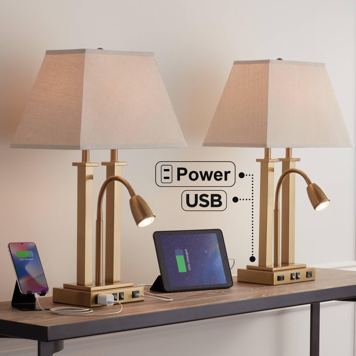 Deacon 26" High Traditional Desk Lamps Set of 2 USB Port AC Power Outlet Gooseneck