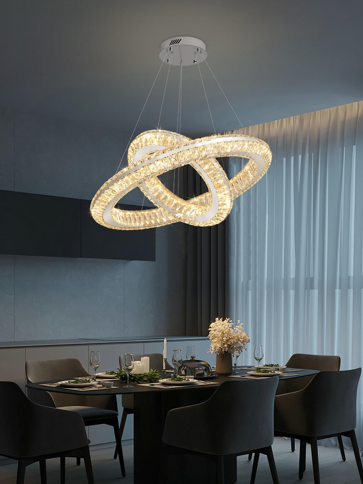 Flashing God 2 Ring Chandelier Modern Crystal Chandeliers LED Pendant Lights Silver Ring Chandelier for Bedroom Dining Room High Ceiling Foyer