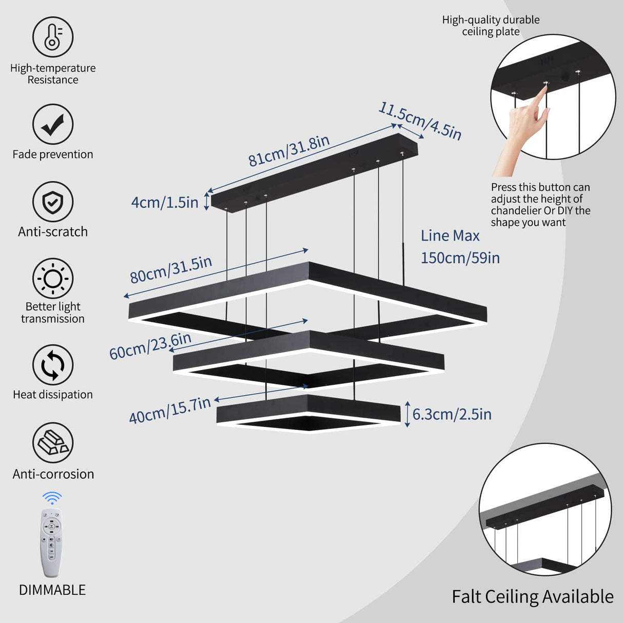 LED Chandelier, 3 Ring Dimmable Square Chandelier for Living Dining Room,Bedroom,