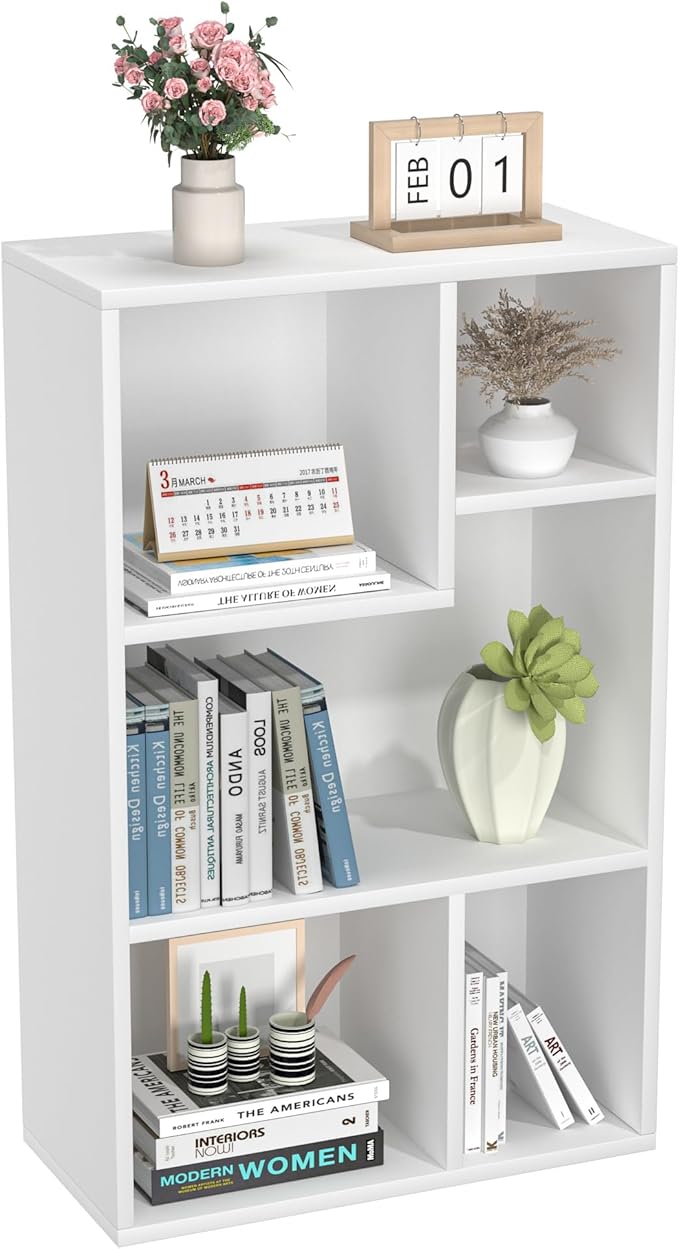 Small White Bookshelf, 5 Cube Shelf, Fits Tallest Hardcovers, Horizontal Available, Storage Organzier for Home Office, Pearl White