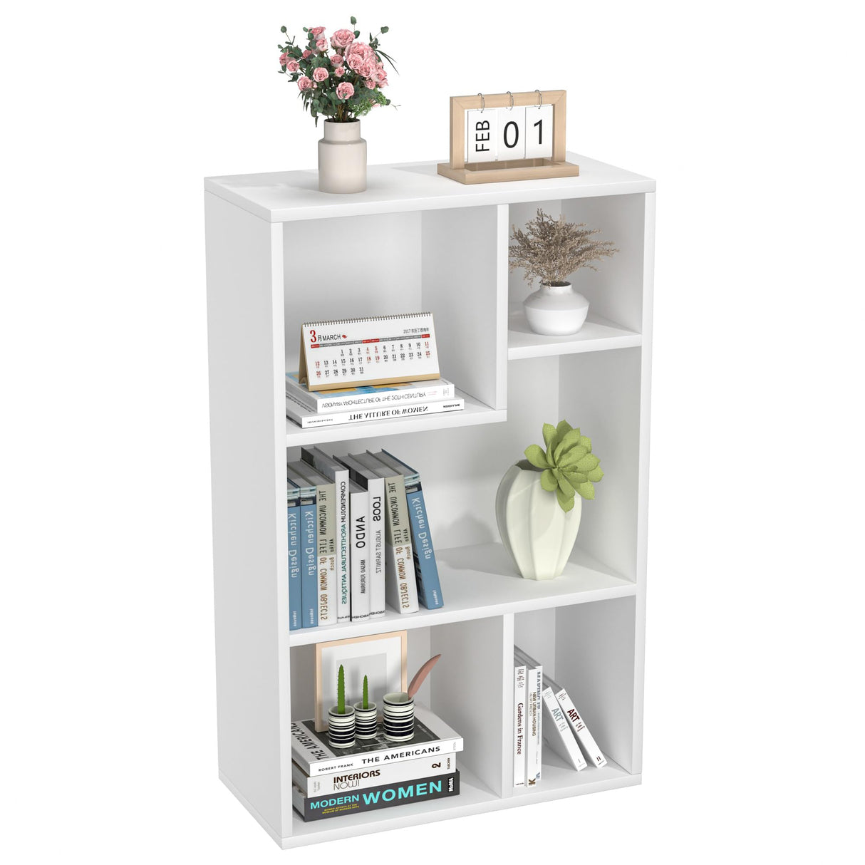 Small White Bookshelf, 5 Cube Shelf, Fits Tallest Hardcovers, Horizontal Available, Storage Organzier for Home Office, Pearl White