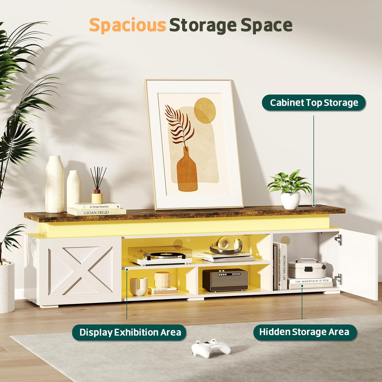 Farmhouse TV Stand for 80 Inch TV with RGB Lighting and Power Outlets