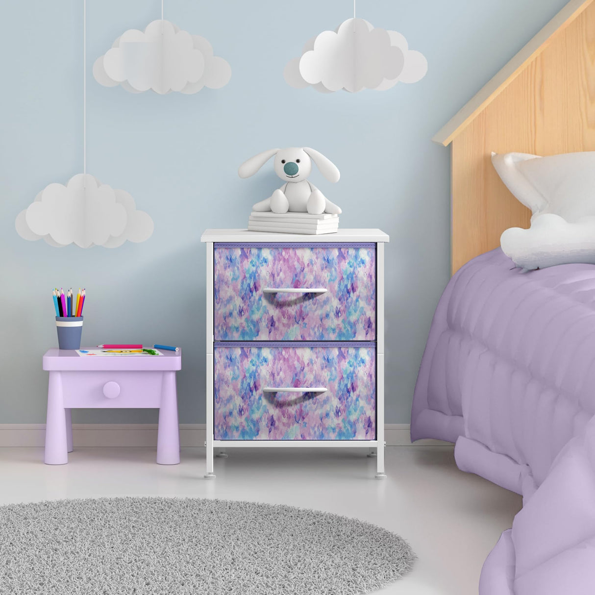 Nightstand with 2 Drawers - Kids Bedside Furniture End Table Night Stand - Steel Frame