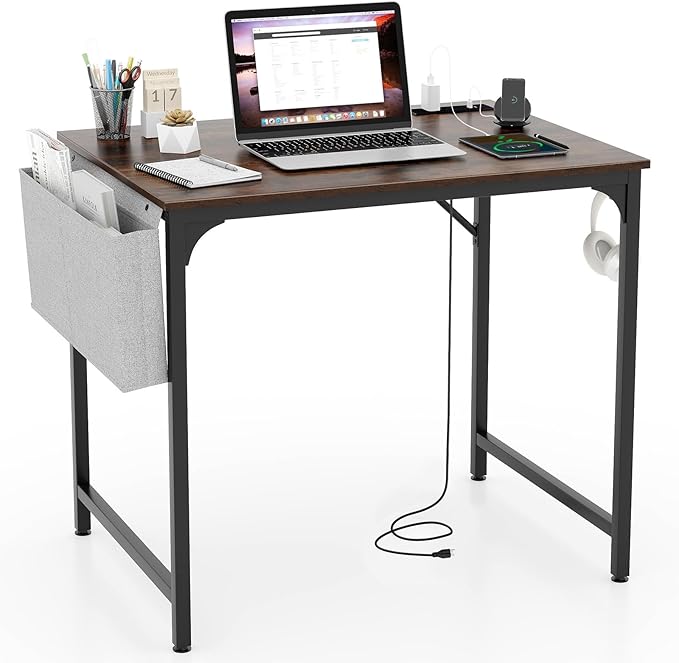 Home Office Desk, 32 Inch Computer Desk with Recessed Power Strip, Storage Bag & Headphone Hook