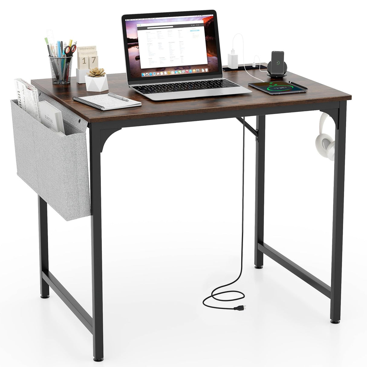 Home Office Desk, 32 Inch Computer Desk with Recessed Power Strip, Storage Bag & Headphone Hook