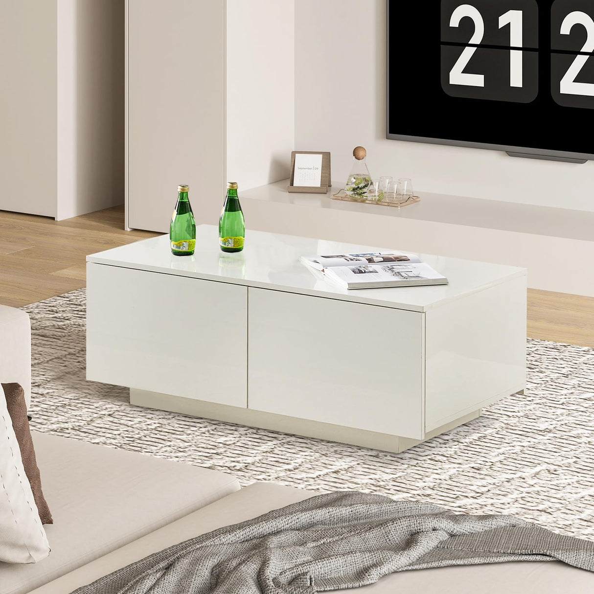 LED Coffee Table with 4 Drawers, High-Glossy Modern Coffee Table with LED Light