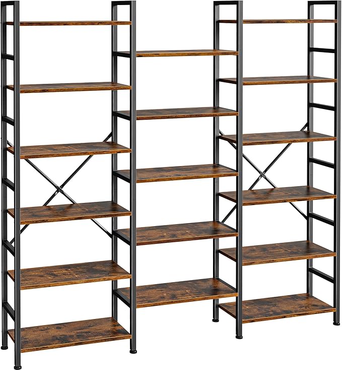 Triple 4 Tier Bookshelf, Bookcase with 11 Open Display Shelves, Wide Book Shelf Book Case for Home & Office, Rustic Brown