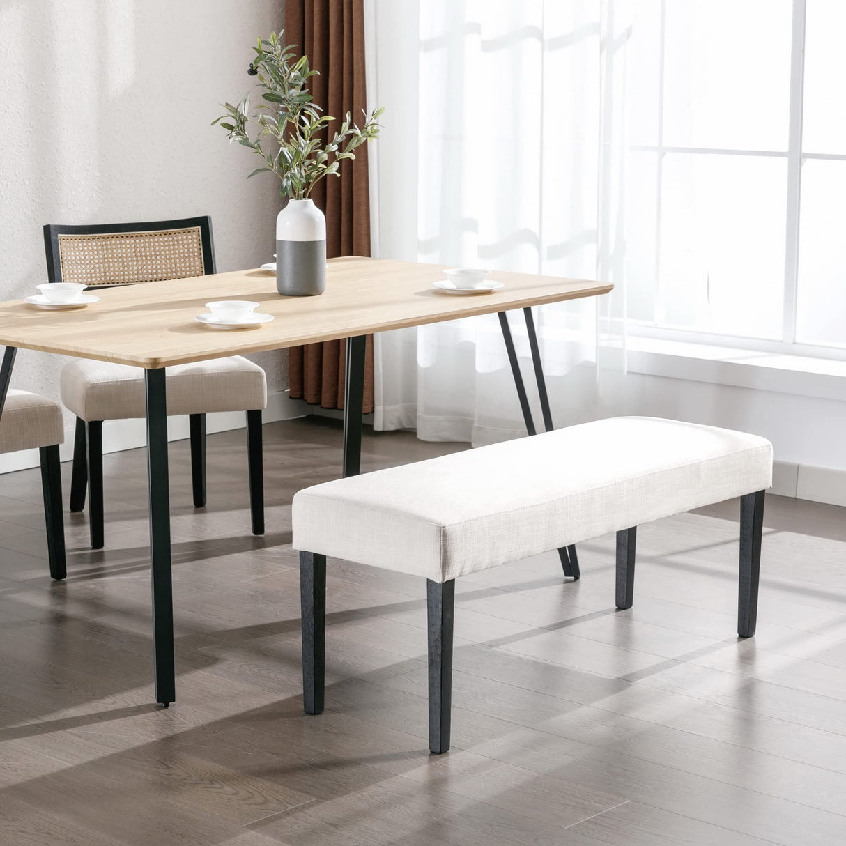 Farmhouse Linen Upholstered Dining Bench