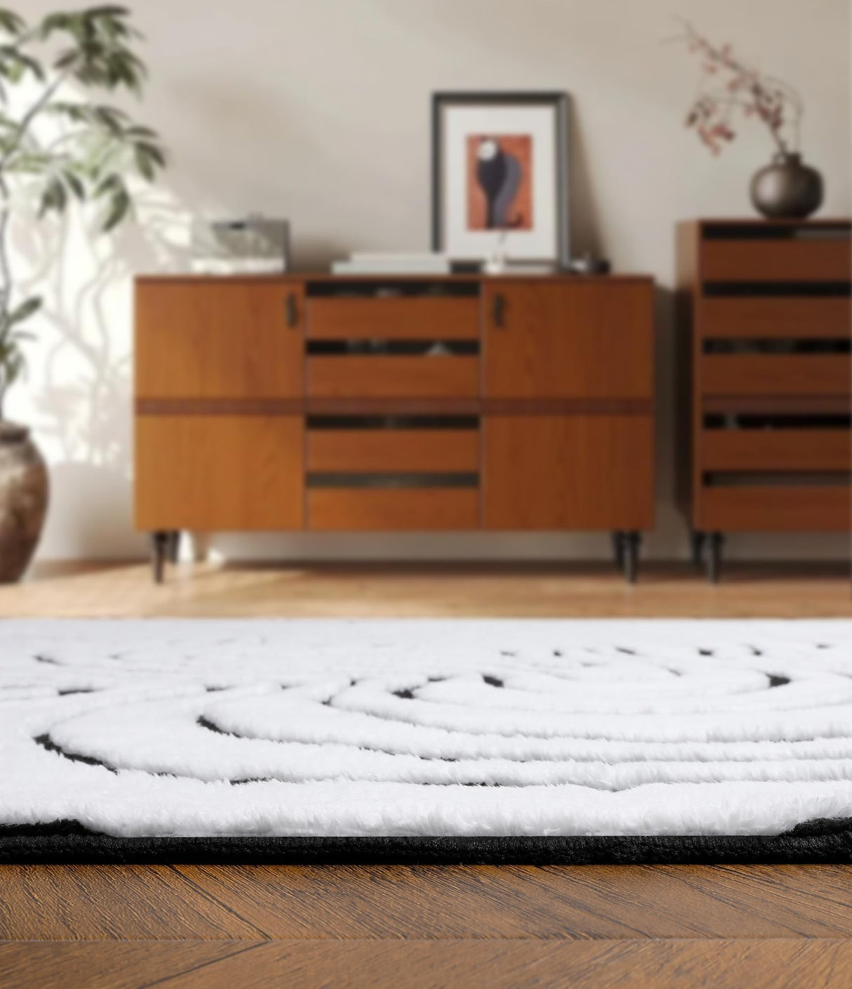 Modern Washable Area Rug 6x9 - Black & White Geometric Pattern