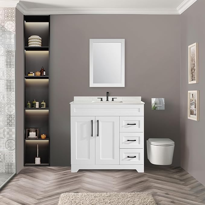 48" Luxurious Bathroom Vanity with White Stone Countertop and Rectangle Sink