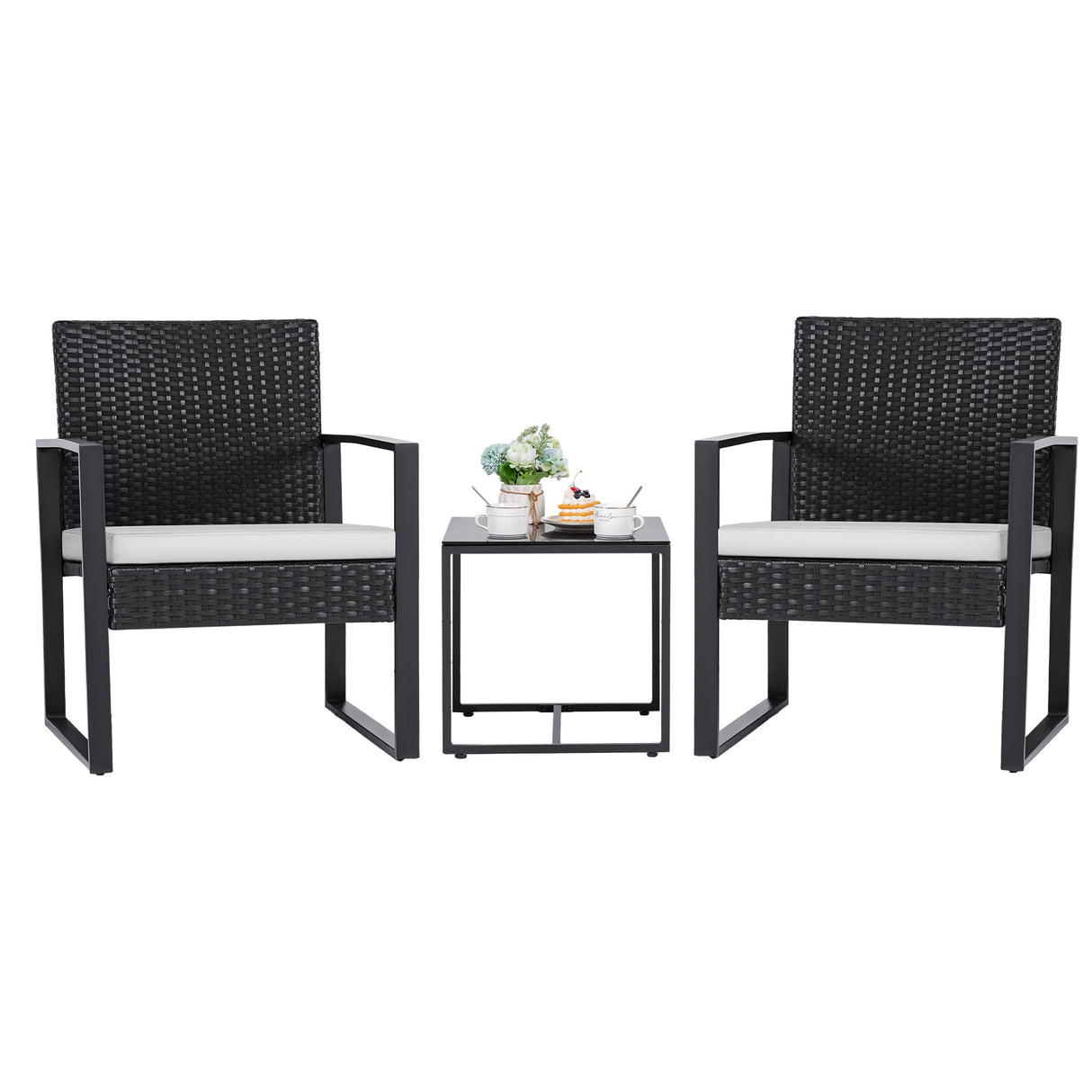 Flamaker 3 Pieces Patio Furniture Outdoor Wicker Modern Rattan Chair Conversation Sets with Coffee Table for Yard, Bistro(White)