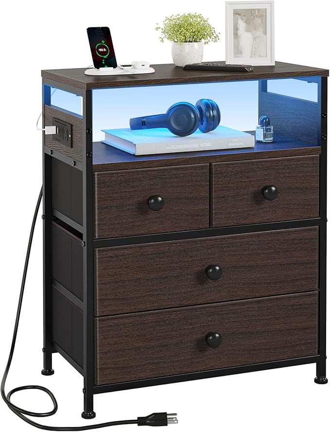 Nightstand with Charging Station, Bedside Table with 4 Drawers and 2-Tier Shelf, Modern