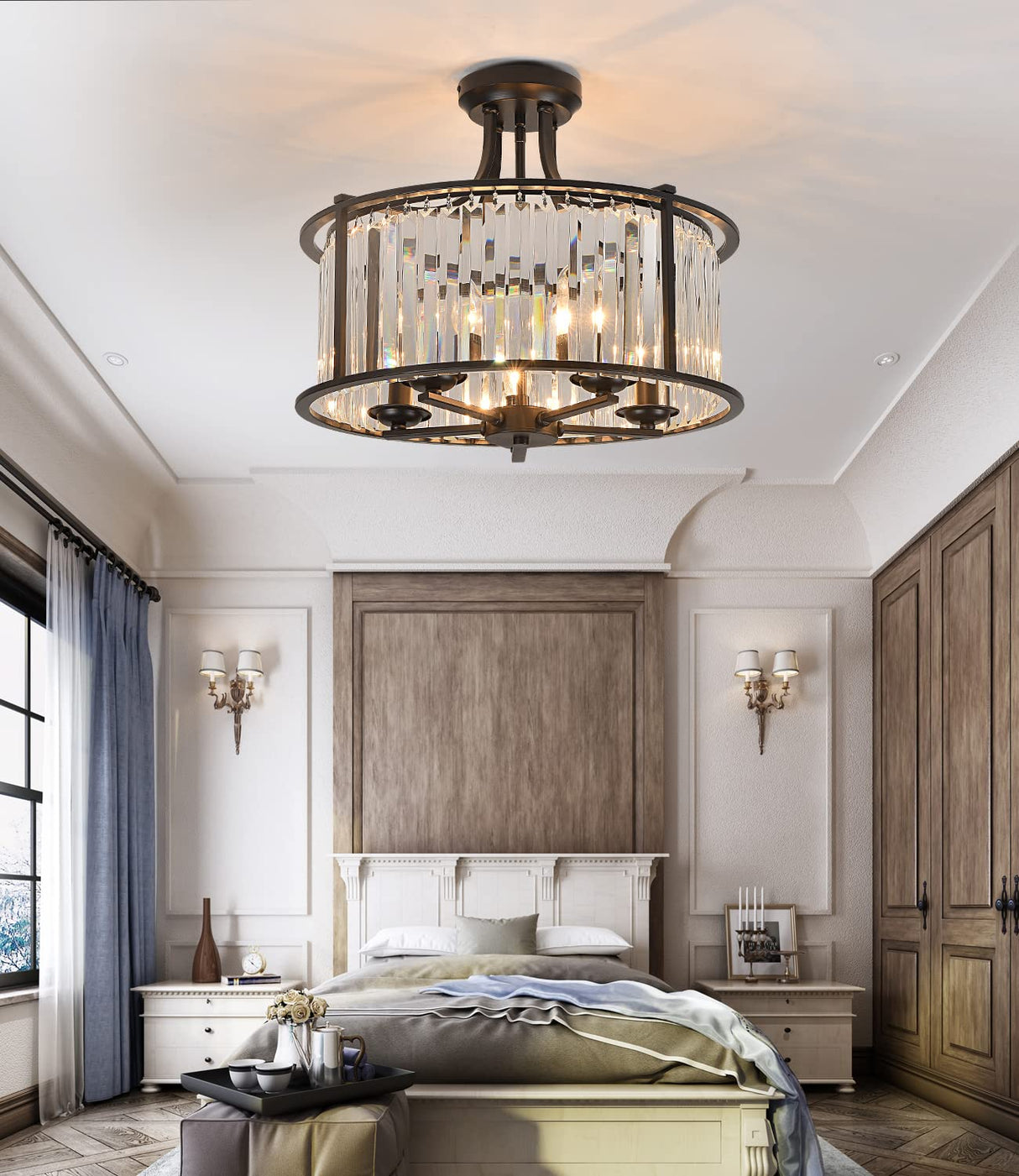 5-Light Black Semi Flush Mount Crystal Chandelier Metal Modern Ceiling Light