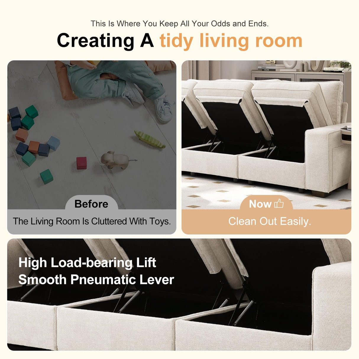 3 Seater Sofa Couch with Storage Layer, Removable and Washable Cushion Cover