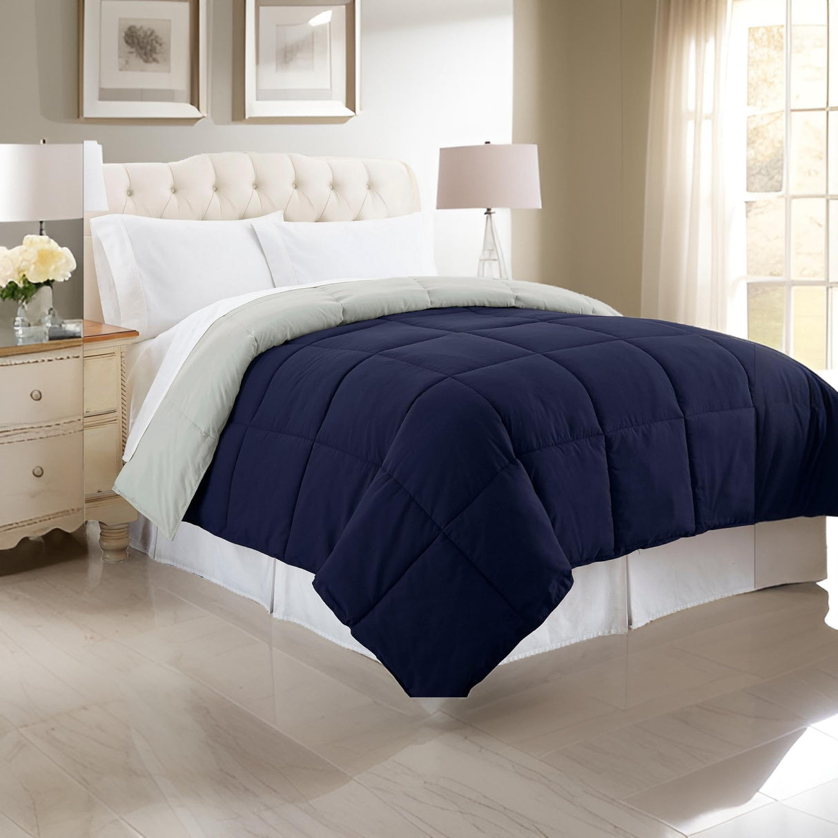 Genoa King Size Box Quilted Reversible Comforter, Silver and Blue