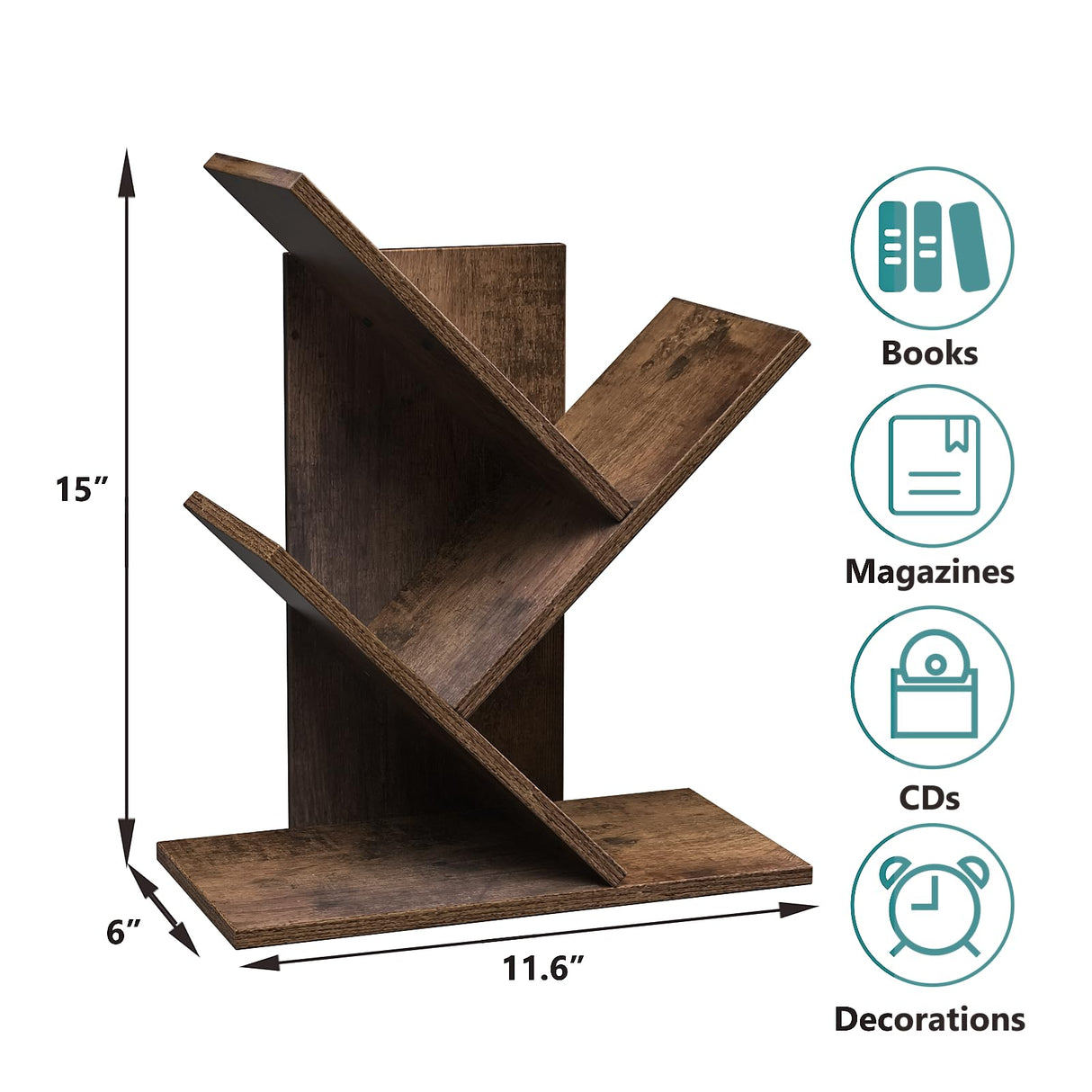 R RUISHENG 3 Tier Small Tree Bookshelf Desk Book Organizer Narrow Bookcases for Books Magazines CDs Free Standing Retro Wooden Storage Shelves for Home Office Bedroom Living Room Rustic Brown