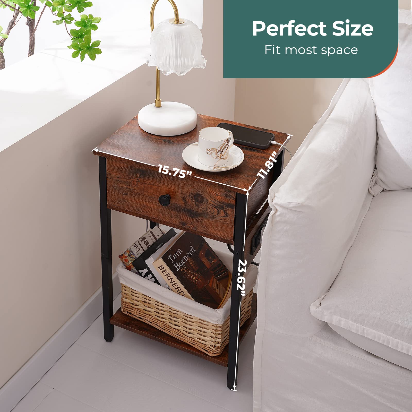 Nightstand with Charging Station, Side Table End Table with Large Drawer