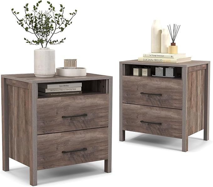 Farmhouse Nightstand, Rustic Wood Bedside Table with 2 Storage Drawers & Open Shelf,