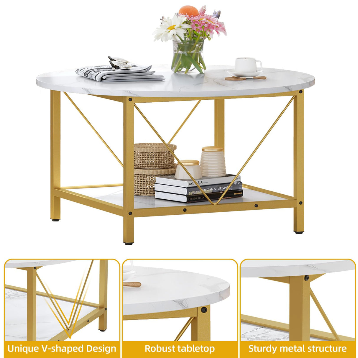 Round Coffee Table, Coffee Tables for Living Room, Small Coffee Table, 2 Tier Marble Circle Table with Open Storage Shelf,