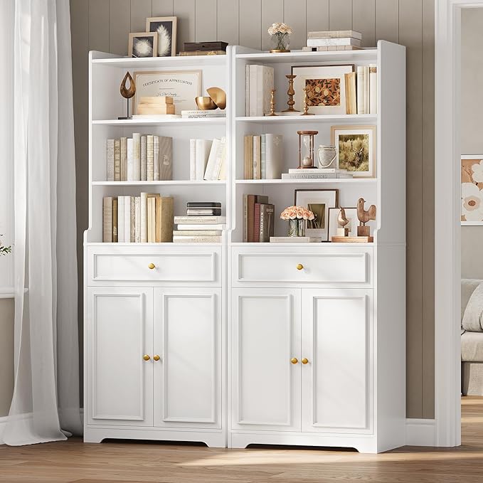 Bookshelves and Bookcase with Doors and Drawer, Shelves, 73 in Tall Bookshelf