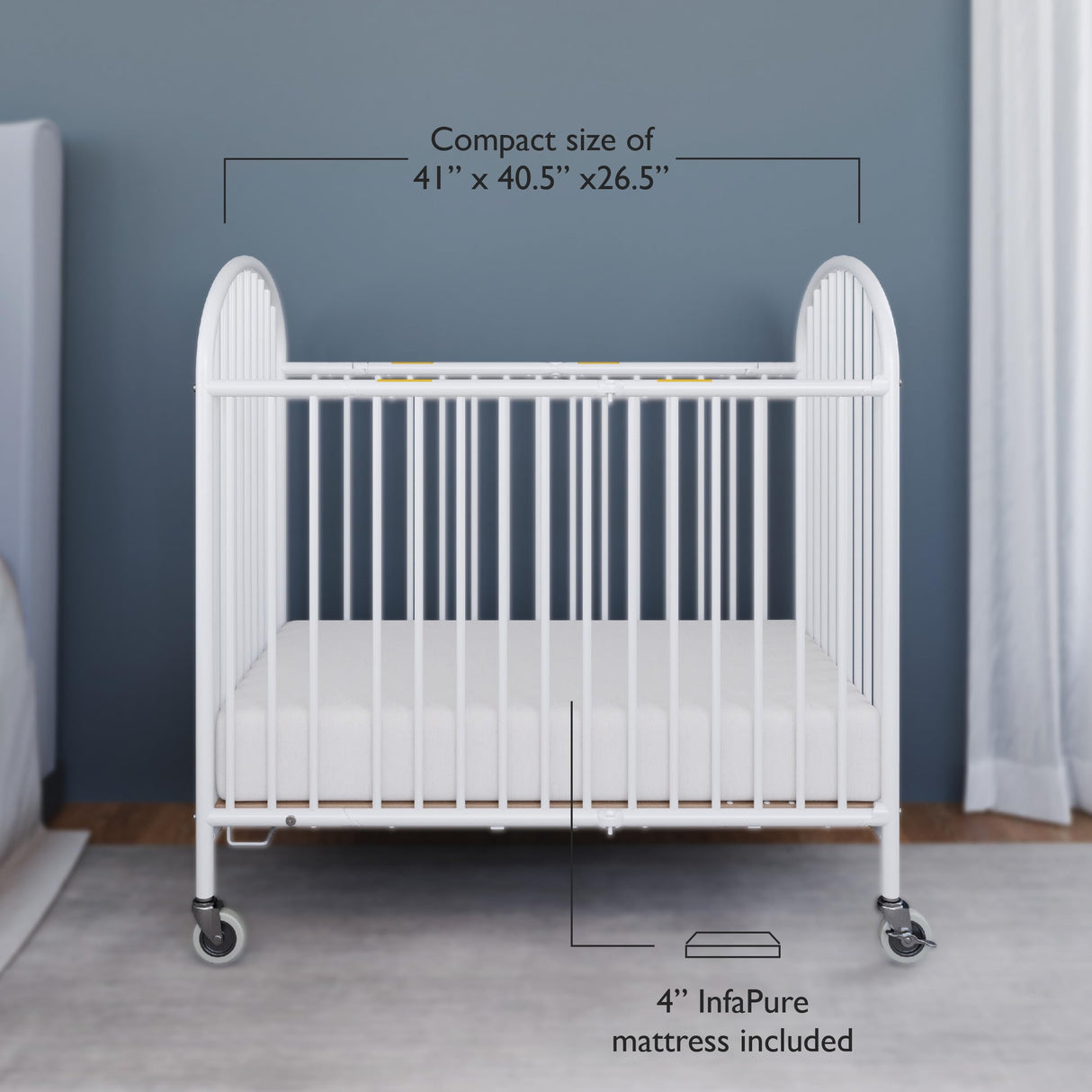 Pinnacle Steel Folding Crib, Portable Baby Crib with 4" InfaPure Foam Mattress and Oversized Commercial Grade Casters, Perfect for Hotels, Durable Construction (White)