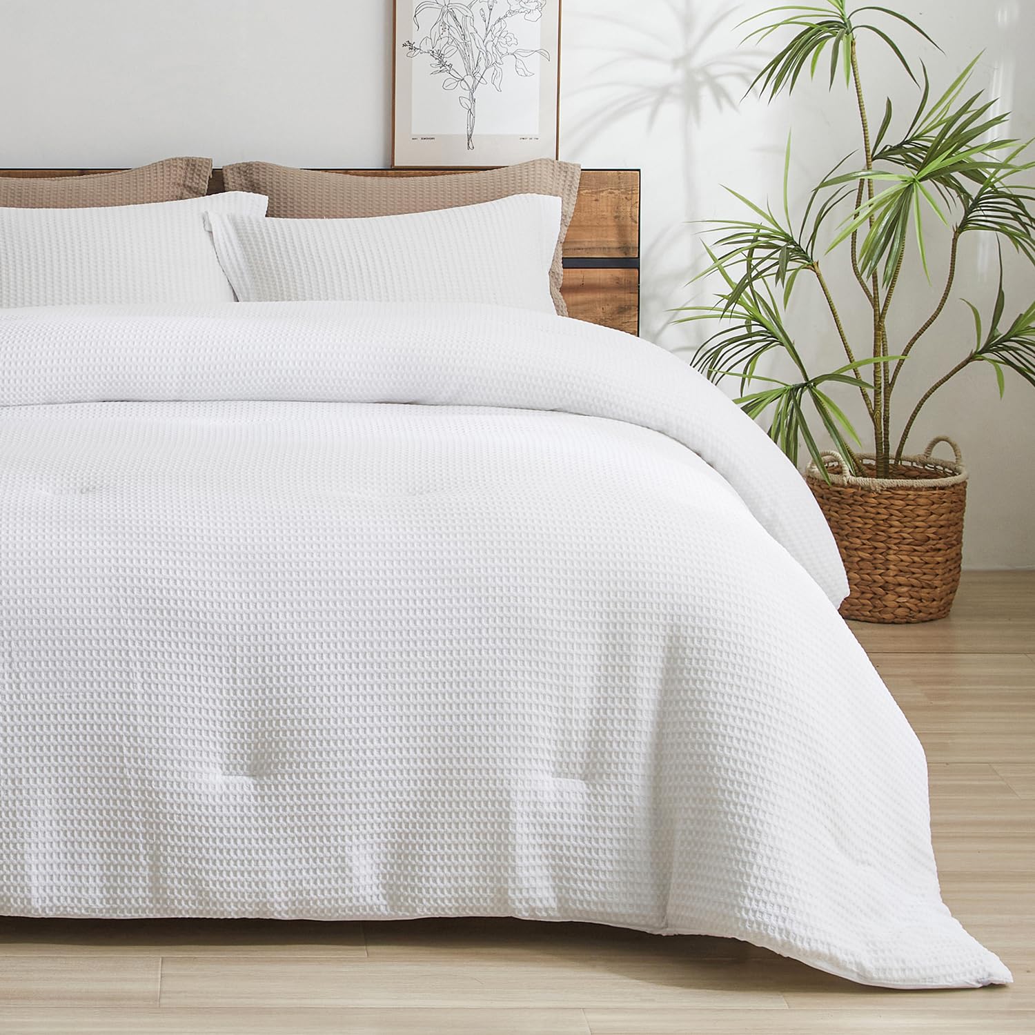 Waffle Comforter Set Queen Size, White Soft Bedding Set for All Season