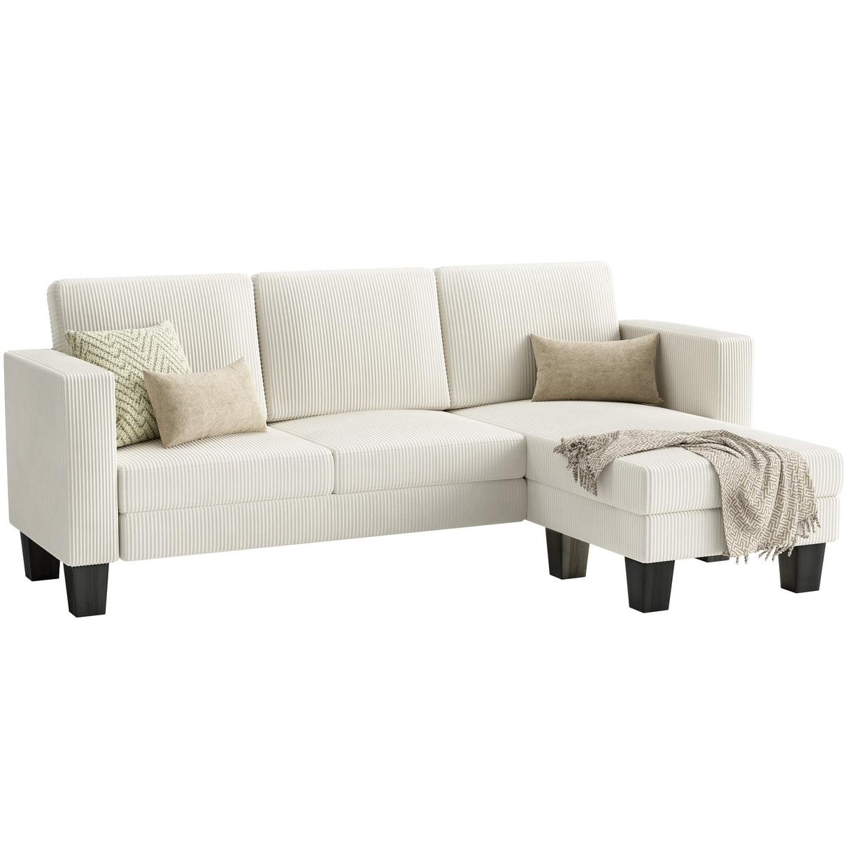 YESHOMY L-Shaped Convertible Sectional Sofa 3 Seater with Corduroy Fabric, Complete with Mobile Footrest, for Living Room, Apartment and Office, 70", Beige