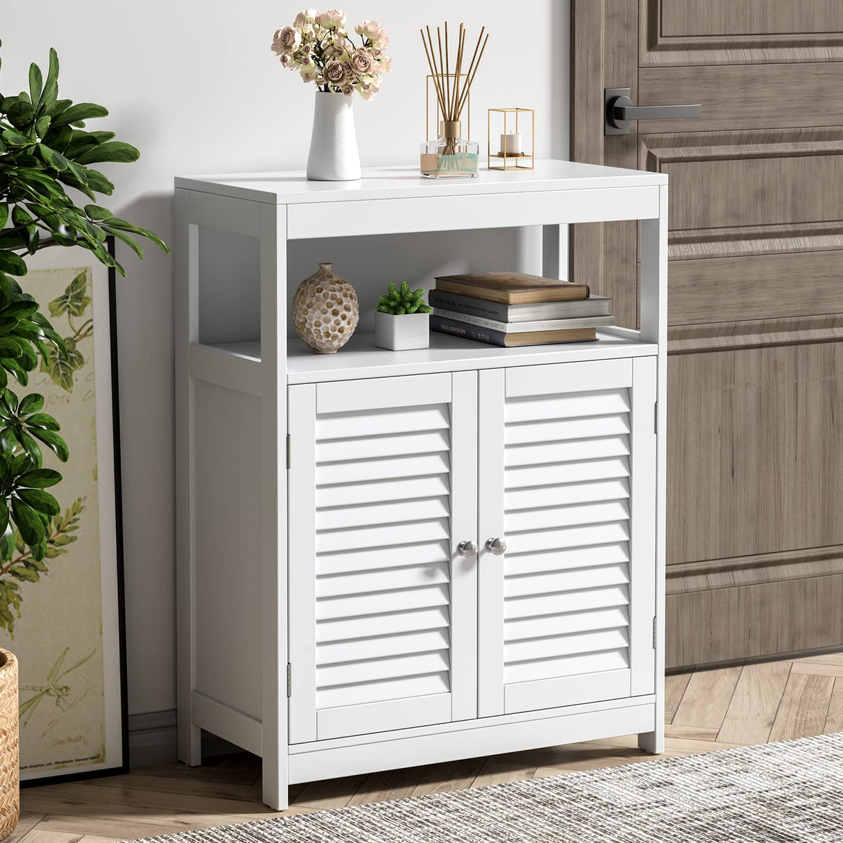 Bathroom Storage Cabinet, Freestanding Floor Cabinet w/Double Shutter Doors