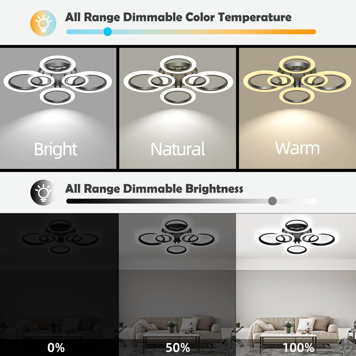 32" Modern LED Ceiling Light - Dimmable 6-Ring Semi Flush Mount