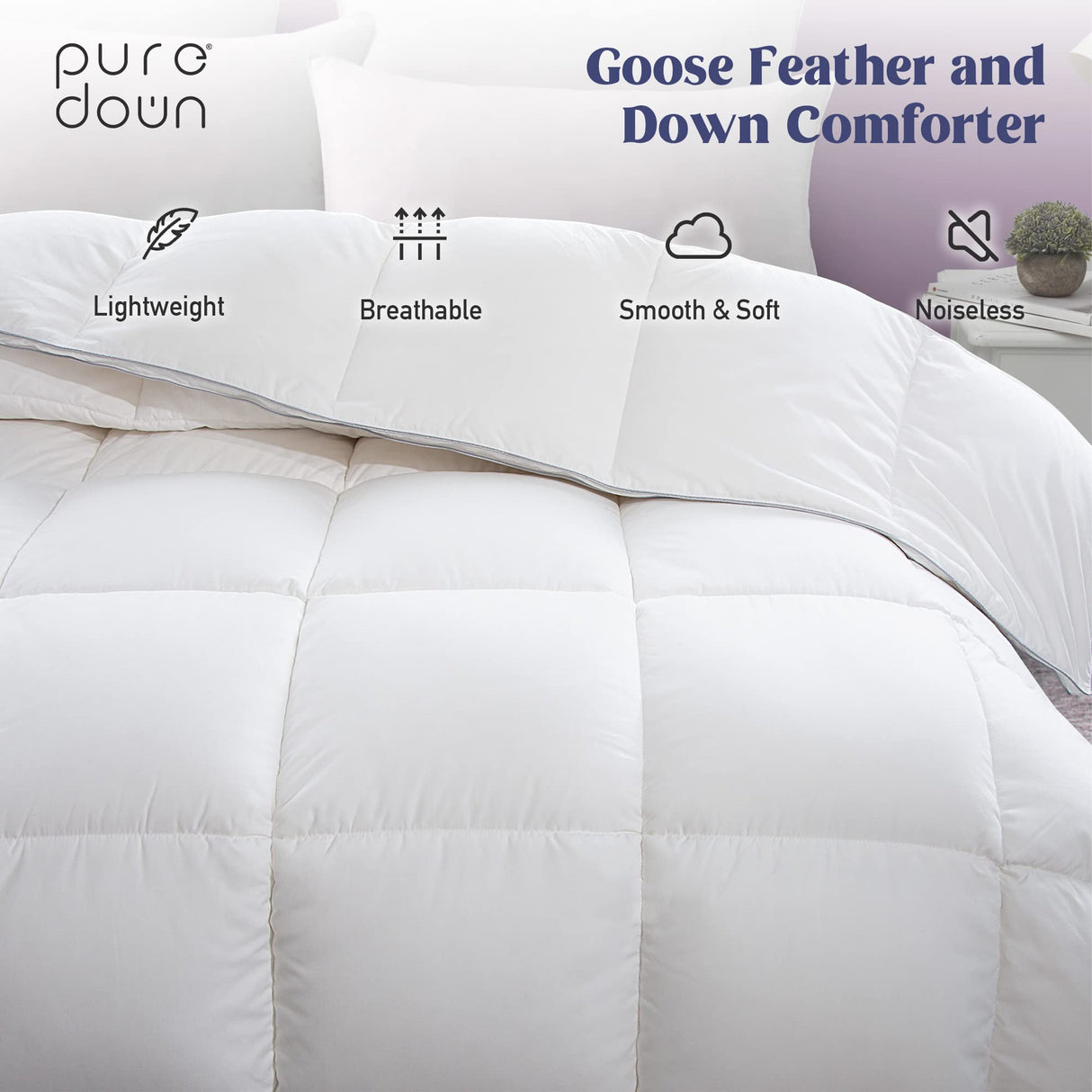 puredown® Goose Feather Comforter King Size, All Season Duvet Insert, Gusseted Ultra-Soft Noiseless Shell Medium WarmthBedding Comforters 104×90 Inch