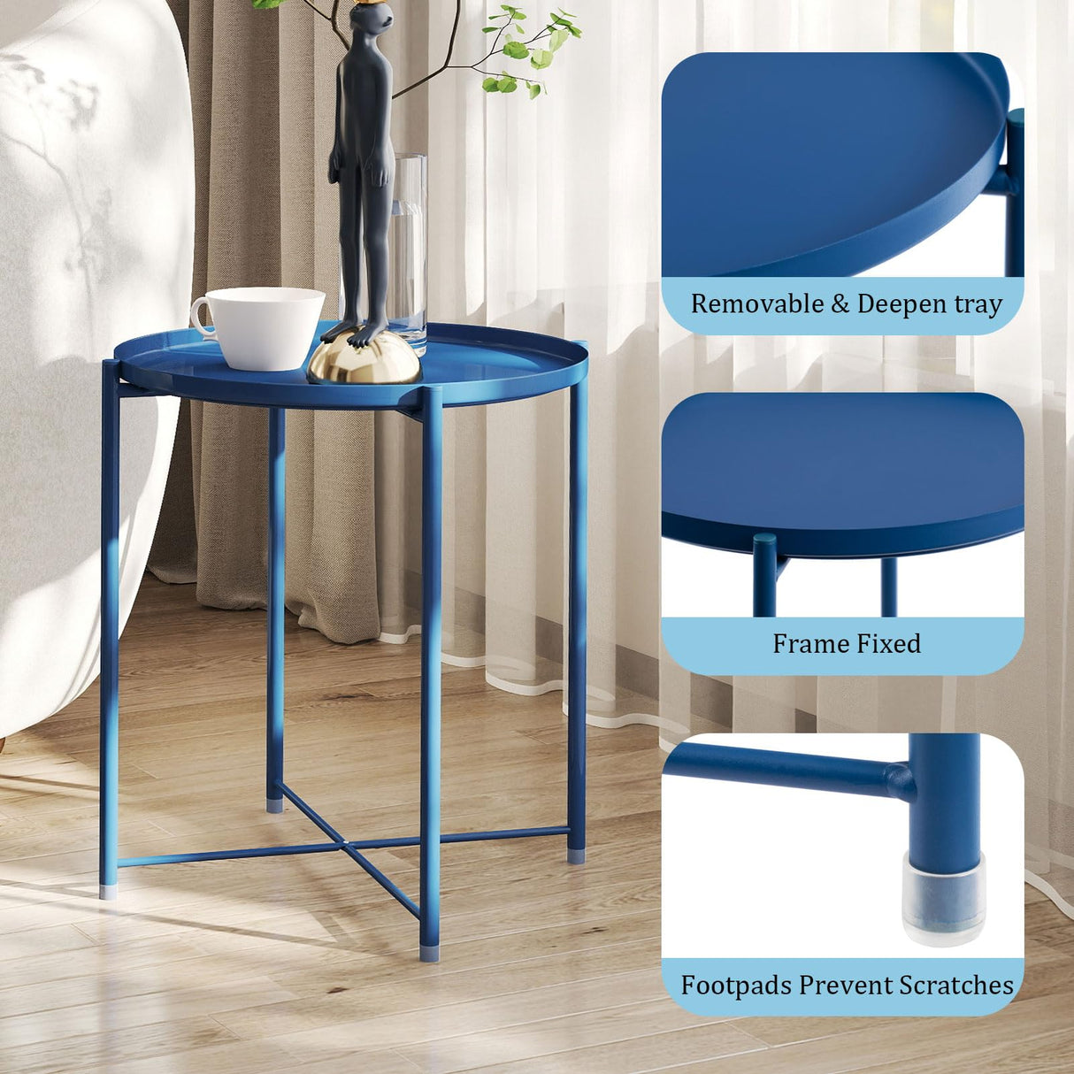 Round Metal Side Table, Outdoor Small Folding Accent Stand with Removable Tray