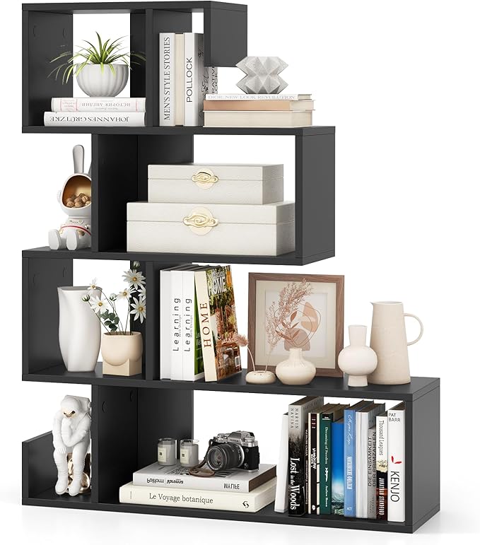 Tangkula S-Shaped Bookshelf, 5-Tier Modern Geometric Stepped Bookcase with Anti-Tipping Kits, Freestanding Corner Ladder Display Rack for Living Room Home Office (1, White)