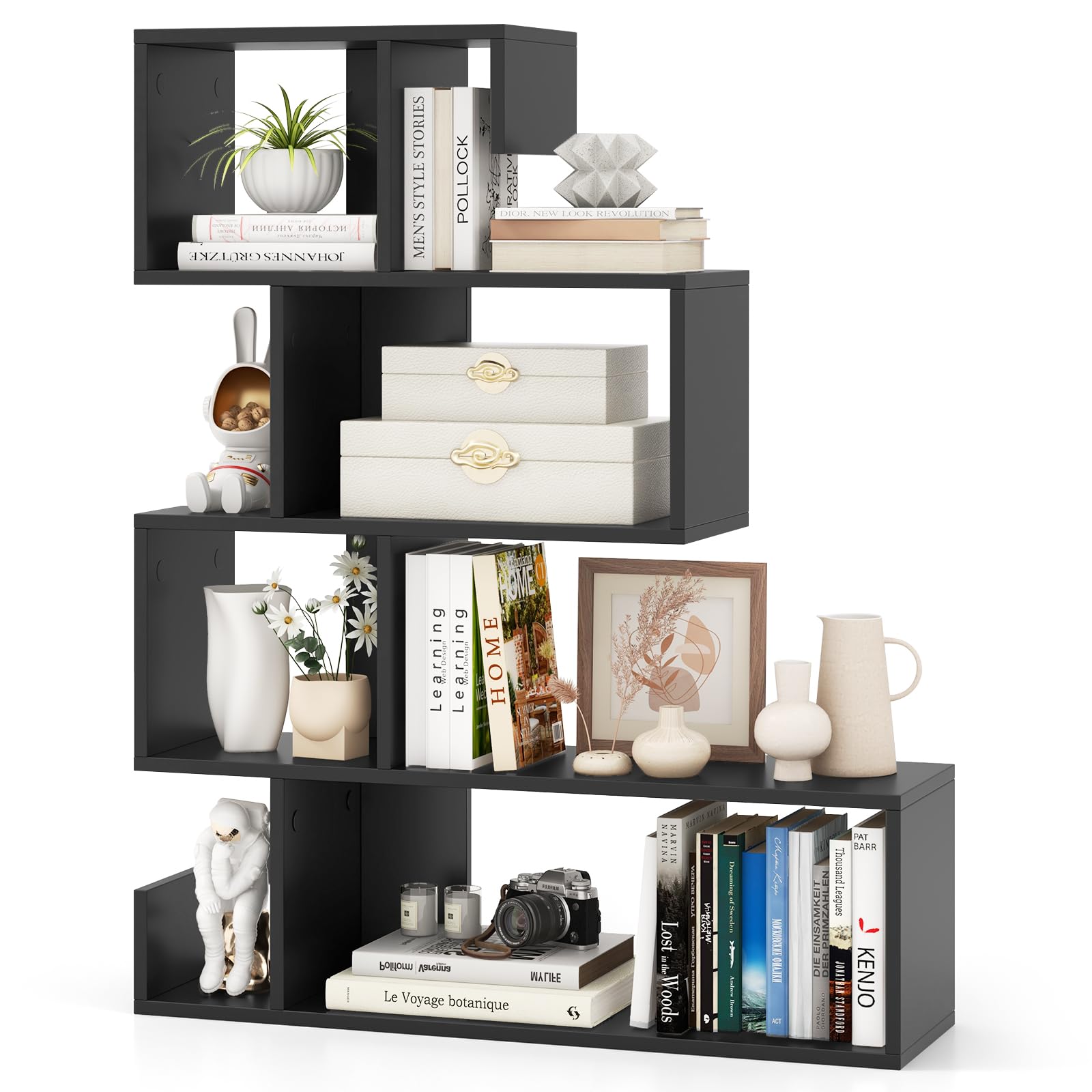 Shaped Bookshelf, 5-Tier Modern Geometric Stepped Bookcase with Anti-Tipping Kits, Freestanding Corner Ladder Display Rack for Living Room Home Office (1, Black)
