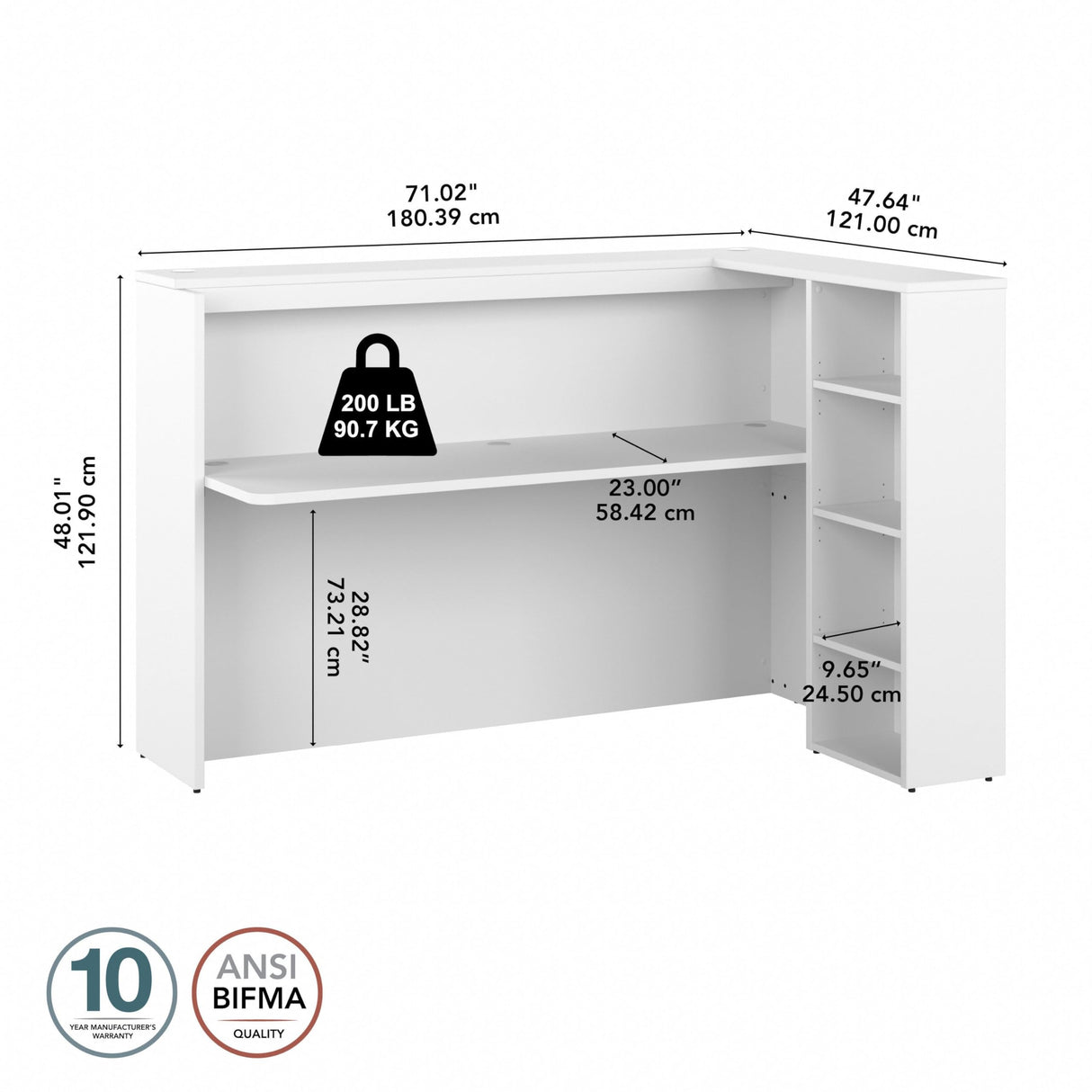 Studio 72W Reception Desk – White Finish with Storage Shelves