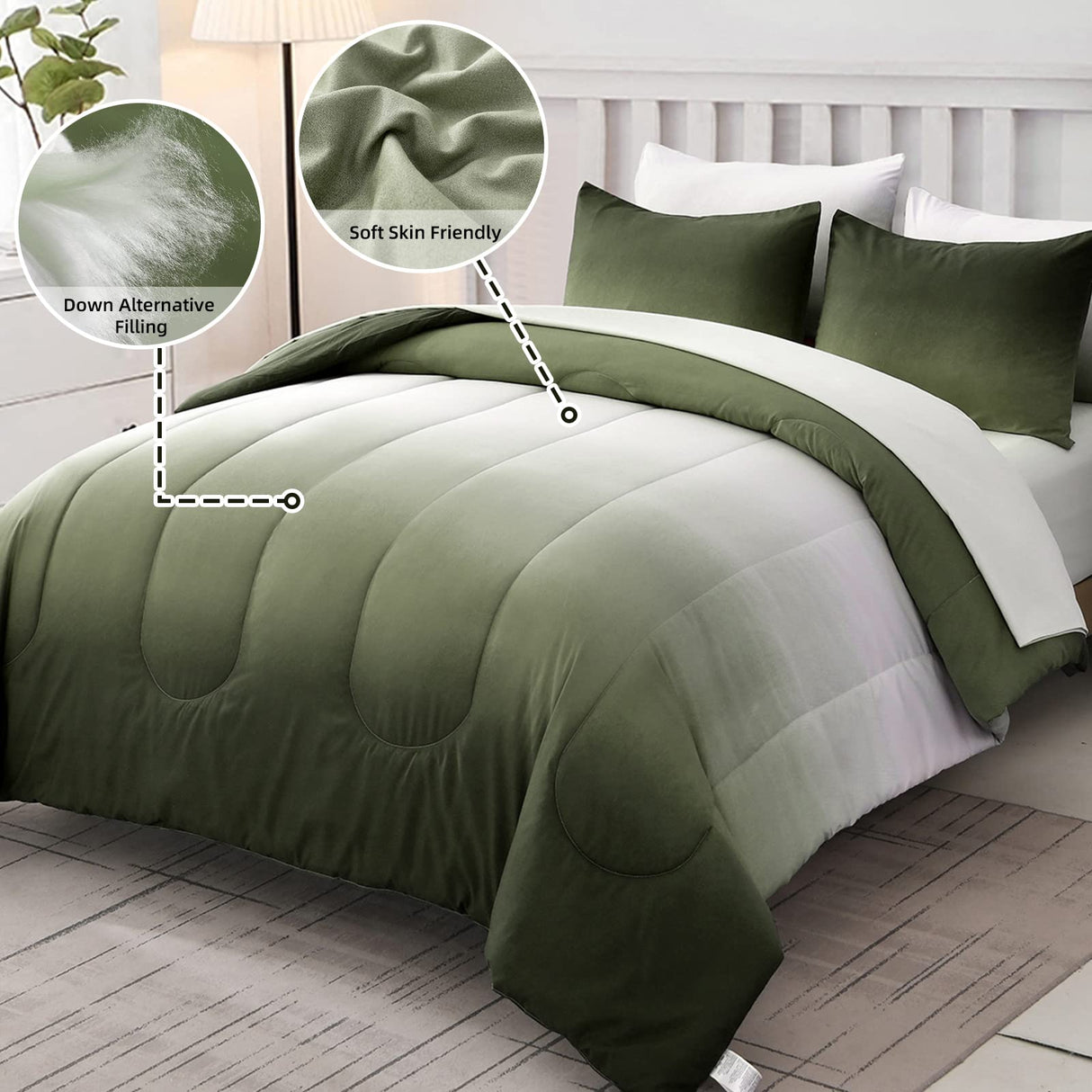 Comforter Set Queen Green 7 Pieces Gradient Olive Green Lightweight Bed in a Bag Queen Size Set
