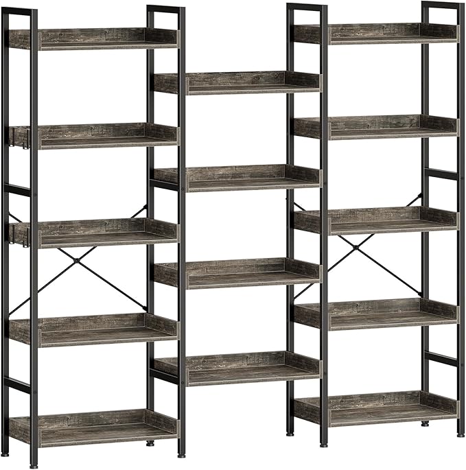 Bookshelf 5 Tiers with 4 Hooks, Triple Bookcase with Open Display Shelves