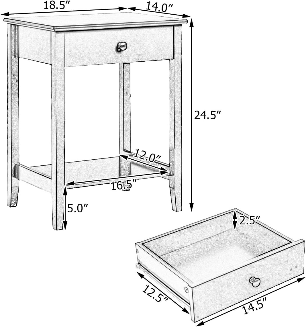 Nightstand Wooden 2-Tier Couch Sofa Side Table with Drawer, Storage Shelf