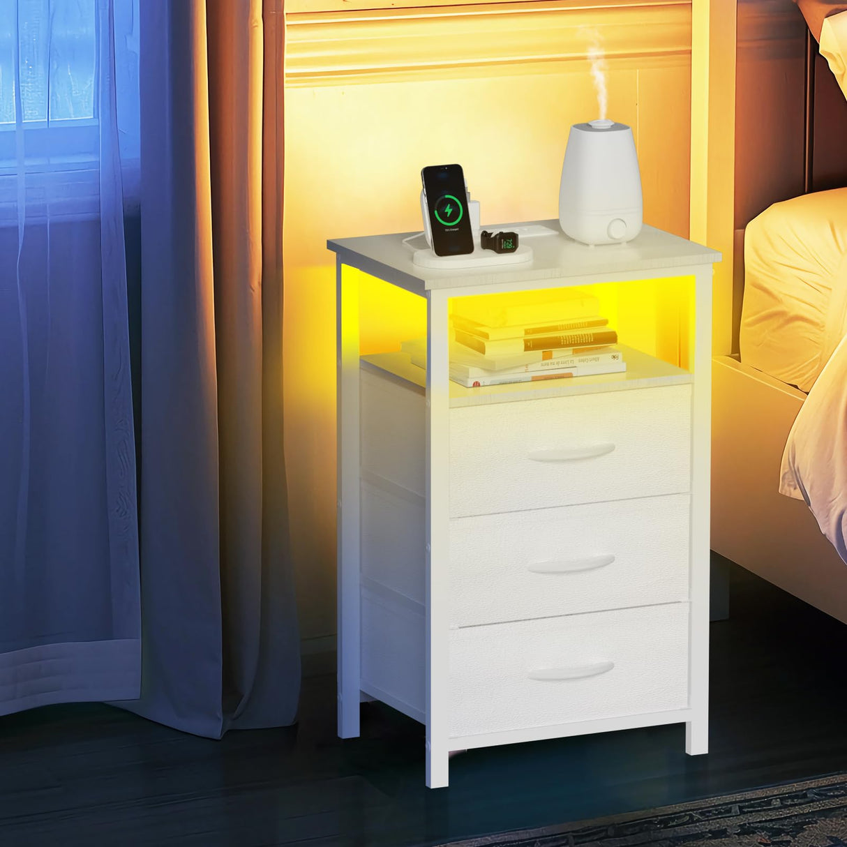 Nightstand with Charging Station, Bedside Table LED Night Stand with USB Ports and Outlets