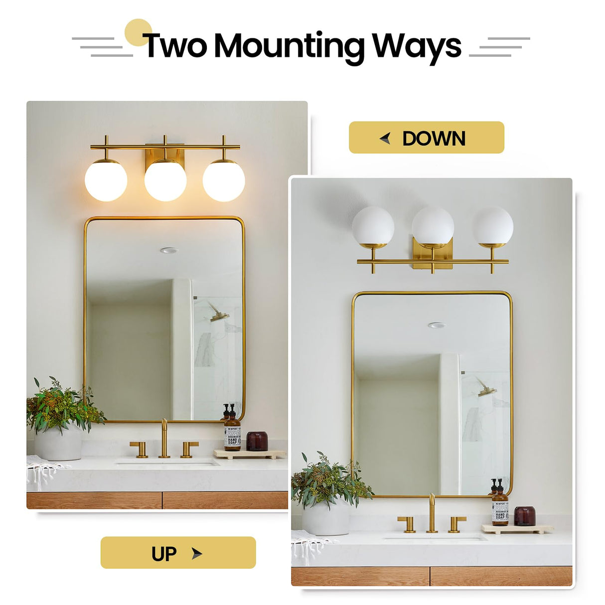 AIJIASI Gold Bathroom Light Fixtures, 3-Light Bathroom Vanity Light Over Mirror, Modern Vanity Lighting Fixtures with Milky White Globe Glass Shade, 22.4 inch Wall Sconce Light (Exclude E26 Bulb)
