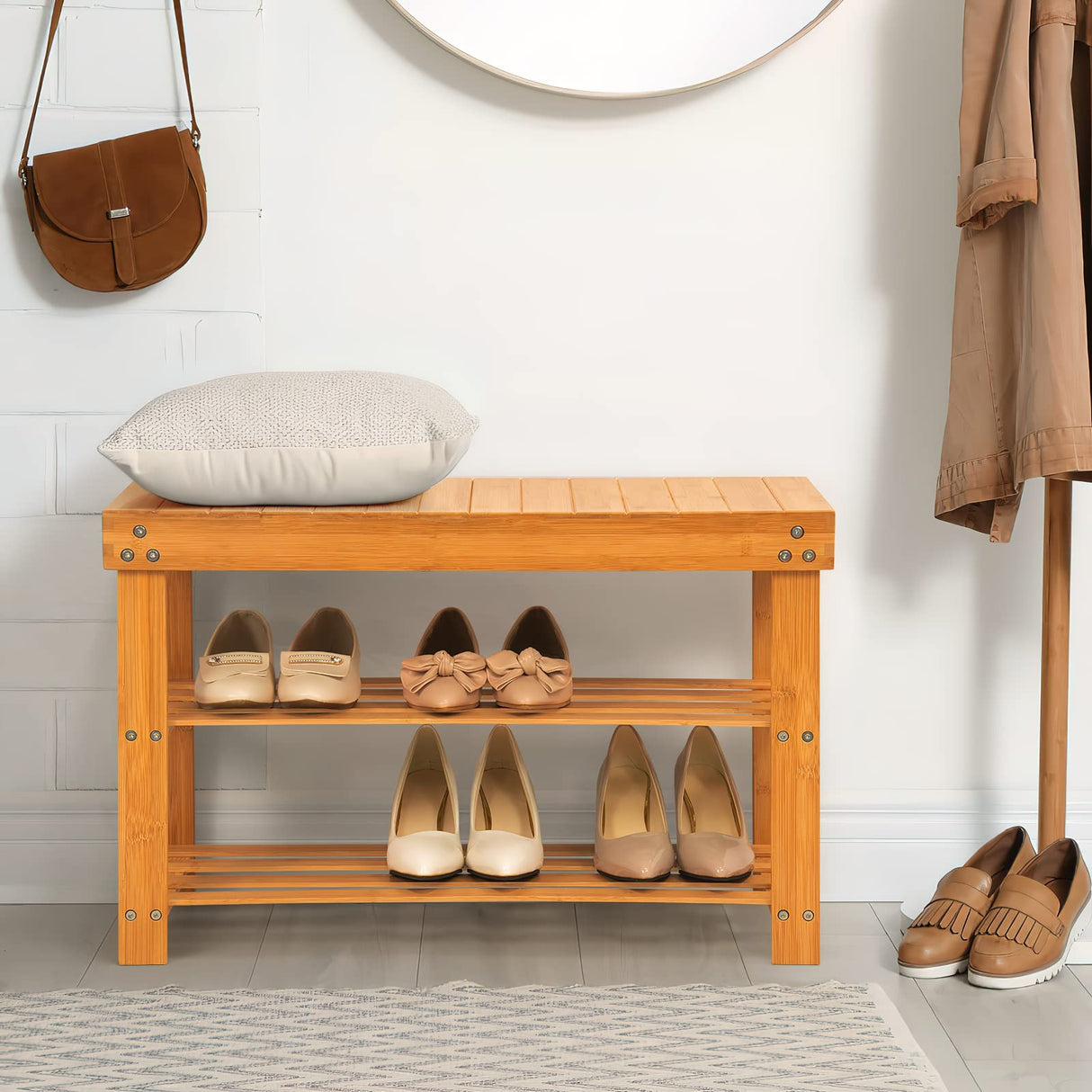 Bamboo Shoe Rack Bench,Extended Edition 3-Tier Rack for entryway