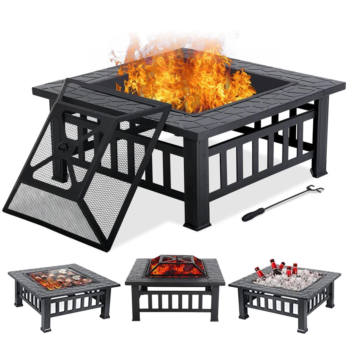 HCY 32" Fire Pit Table for Outside,Outdoor Fire Pit Square Wood Burning with Spark Screen Fire Poker for Camping,Backyard,Patio(Black) - Bircata