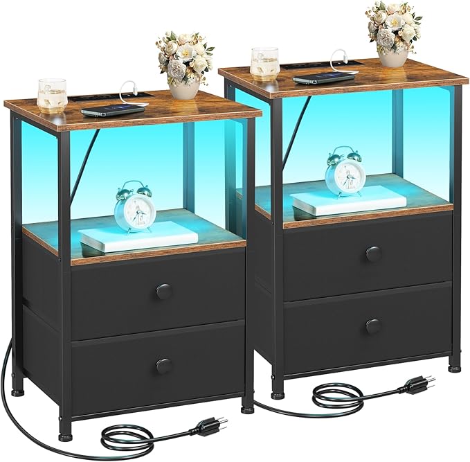 Night Stand Set 2, LED Nightstand with Charging Station