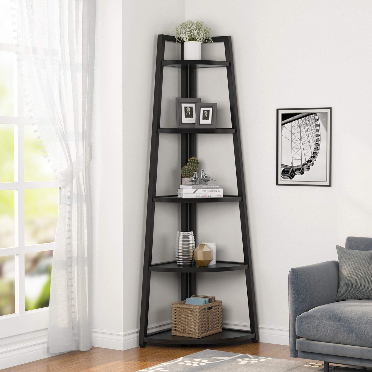 70 inch Tall Corner Shelf, 5 Tier Modern Corner Bookshelf Bookcase