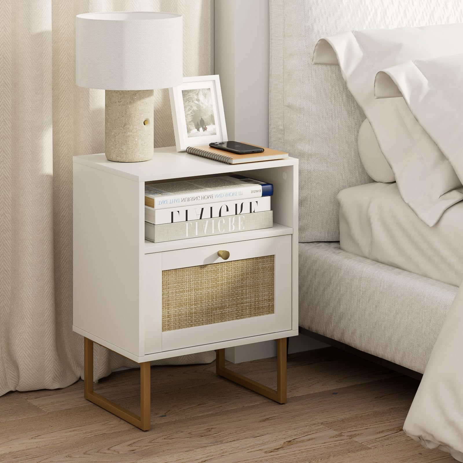 Rattan Nightstand,Modern Boho Farmhouse Wood Bedside Table